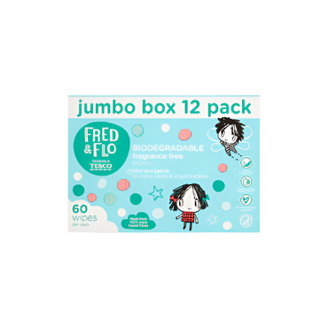 Fred & Flo Biodegradable Baby Wipes (Fragrance-Free, 60 Wipes x 12 Packs) – Eco-Friendly & Gentle